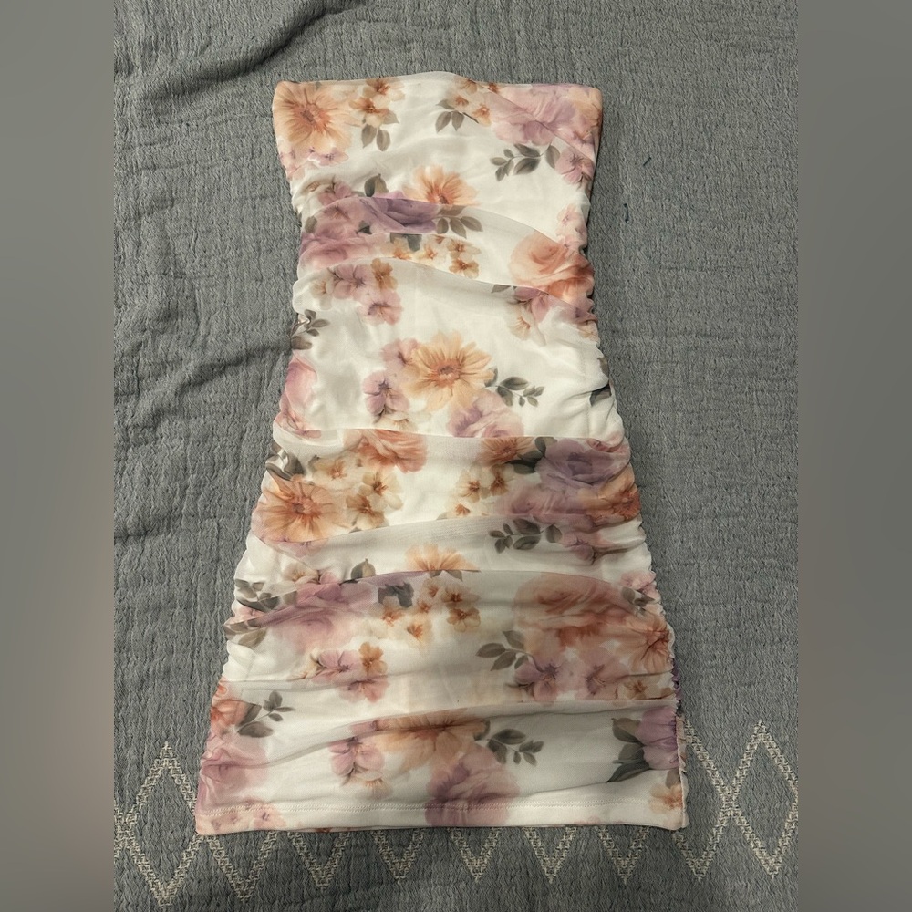 Strapless Floral Mesh Mini Dress | Soft Girly Summer Dress